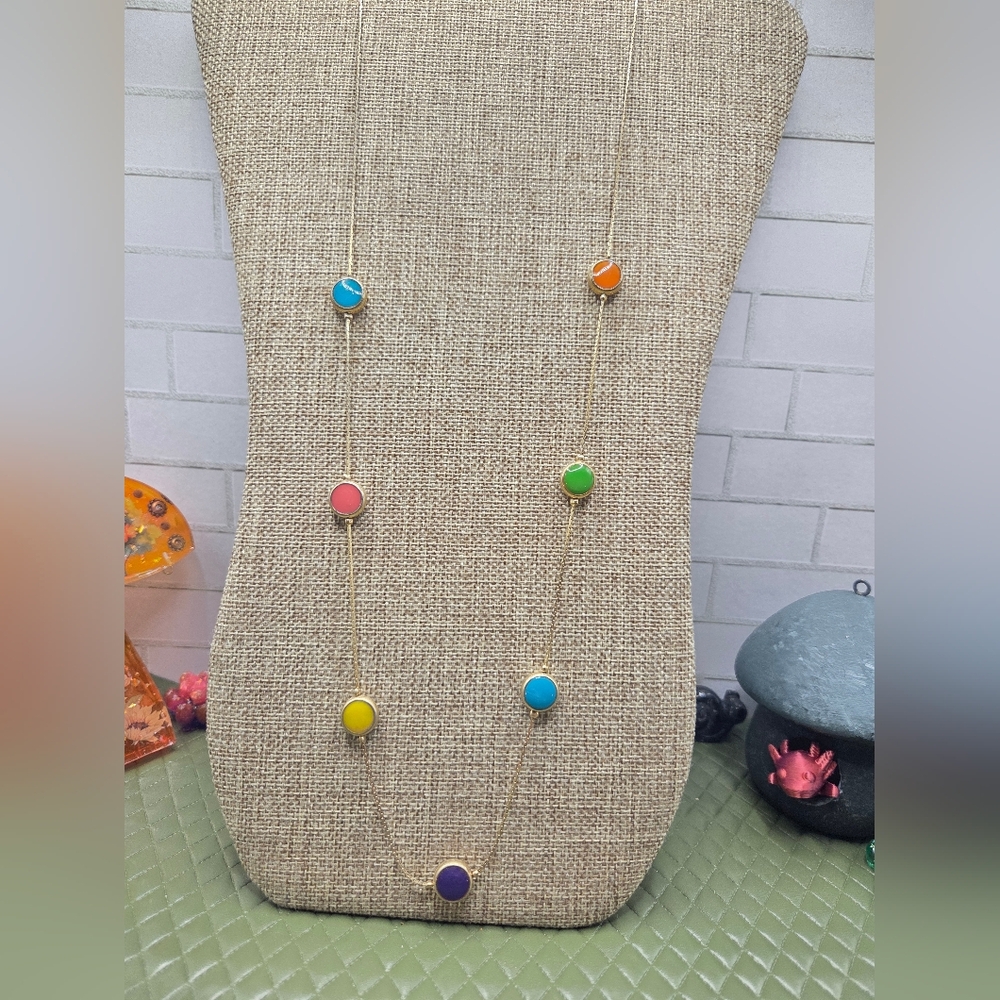1031. Multicolor Disc Station Long Gold Tone Necklace
